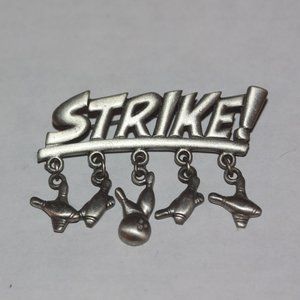 JJ Jonette STRIKE Pewter Bowling Pin Brooch Pin Dangle
